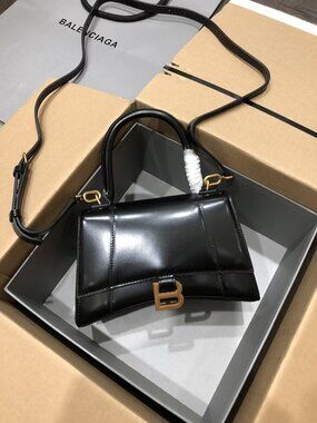 Balenciaga Hourglass Black Leather Top Handle Crossbody Bag B Logo